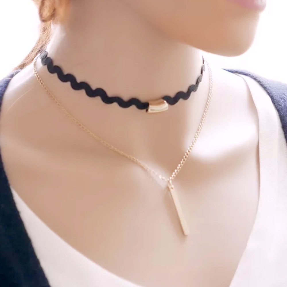 Black multi layer Choker Necklace with chain